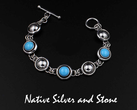 Z Artie Yellowhorse - Navajo<br>9/16" Rounds Bracelet - Link<br>9mm Sleeping Beauty Turquoise<br>10mm Silver Rounds<br>Alternating<br>Shadowbox<br>Sterling Silver  Size: 6-1/2 +/-