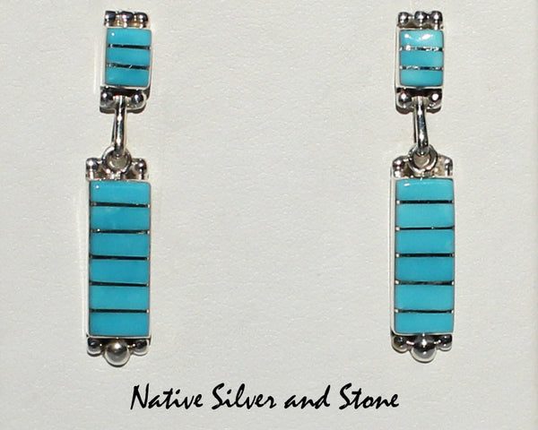 Eldrick & Charlotte Seoutewa Zuni JewelryEarrings - Dangle  PostTurquoiseHorizontal Linear Multi-InlaysSilver Bead Accent