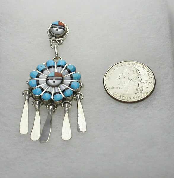 Earrings - Dangle-Post Double Sunface with Silver DanglesRC Gasper  (Zuni)Turquoise, White Mother of Pearl, Coral, and Jet w Sterling Silver  Dangle