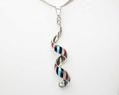 Pernell & Idella Edaakie - Zuni Jewelry<br>Pendant (Only)<br>Spiral Multi-Inlay "Barberpole"<br>Jet, Turquoise, Coral<br>White Mother of Pearl<br>Size Extra Large