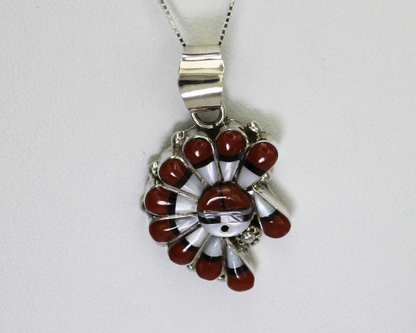 RC Gasper (Zuni)Pendant with ChainSunface with OffsetCoral, White Mother of  Pearl, and Jetw Sterling Silver Accent