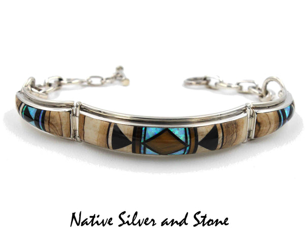 Z Kenneth Bitsie - NavajoBracelet Link InlayPicture Jasper, Tiger Eye, |  Native Silver & Stone LLC