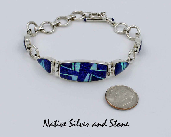 Z Kenneth Bitsie - Navajo Bracelet Link Inlay Lapis Lazuli & Opal Sterling  Silver