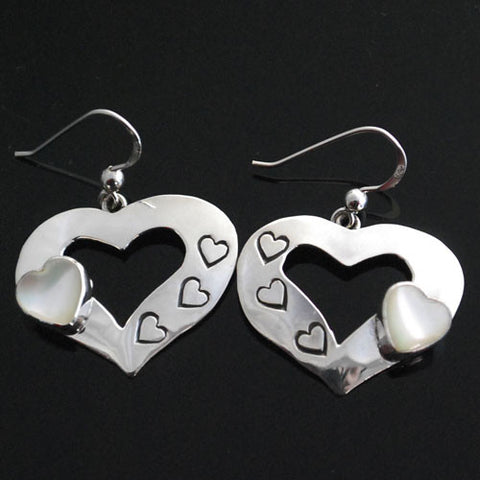 Ruth Ann Begay - Navajo<br>7/8" Earrings<br>Hearts with<br>White Mother of Pearl Heart<br>Hook<br>Sterling Silver