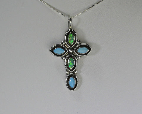 Cross Pendant w Chain<br>Native American - Zuni<br>Miscellaneous Artist<br>Sharp Ovals Turquoise & Opals<br>Inset in Sterling Silver Shadowboxes<br>with 18" Chain