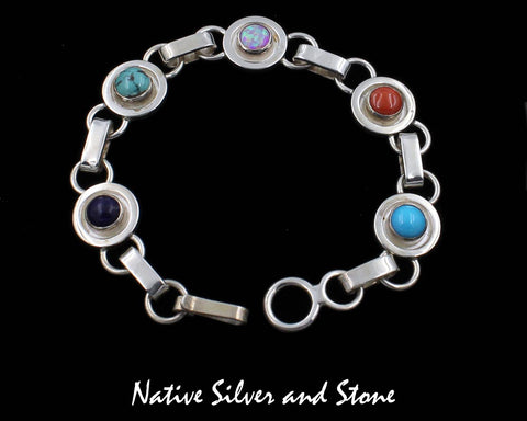 Paulson Thomas - Navajo Jewelry<br>Bracelet - Link "Fullmoon"<br>Lapis, Turquoise, Opal, & Coral<br>Sterling Silver Perimeter