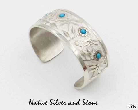 Philbert Begay - Navajo<br>1" Bracelet (Cuff)<br>Dragonflies & Flowers<br>Handmade Bright Sterling Silver<br>& Turquoise Inlay<br>Size 6-1/2