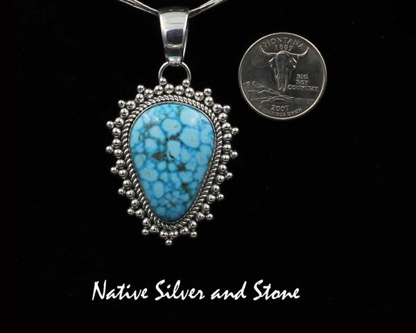 Artie Yellowhorse - Navajo<br>PDTTBB<br>1-13/16" - Pendant<br>31mm x  22mm Kingman Web Turquoise<br>Medium Large<br>Vertical Rounded Triangle<br>Single Twist & Burst Beads<br>Sterling Silver