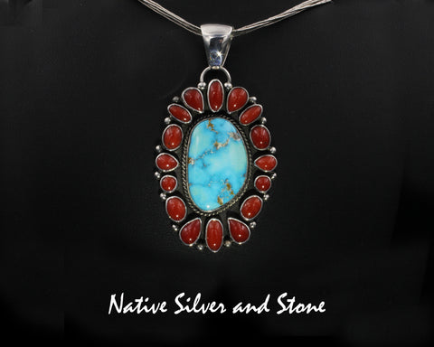 Angela Martin - Navajo<br>2-3/16" Pendant<br>Blue Bird Kingman Turquoise<br>Mediterranean Blood Coral<br>Twist<br>Sterling Silver