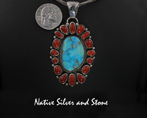 Angela Martin - Navajo<br>2-3/16" Pendant<br>Blue Bird Kingman Turquoise<br>Mediterranean Blood Coral<br>Twist<br>Sterling Silver