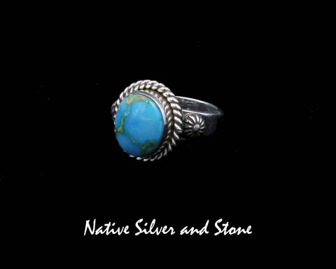 Artie Yellowhorse - Navajo<br>RGTTST<br>5/8" Ring<br>Sonoran Gold Turquoise<br>Oval<br>Raised Stamped Shots on Flanks<br>Single Twist<br>Sterling Silver<br>Size: 8