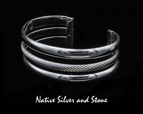 Artie Yellowhorse - Navajo<br>13/16" Bracelet Cuff<br>2 Rows - 3 Rails (Rounded) w 2 Air Gaps<br>Sterling Silver<br>Size 6-3/8 (Medium)