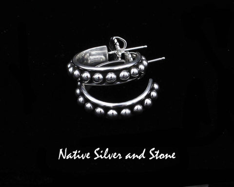 Z Artie Yellowhorse - Navajo<br>1" Earrings<br>Hoops<br>Beads-Small in Rounded Rails<br>Oxidized<br>Post