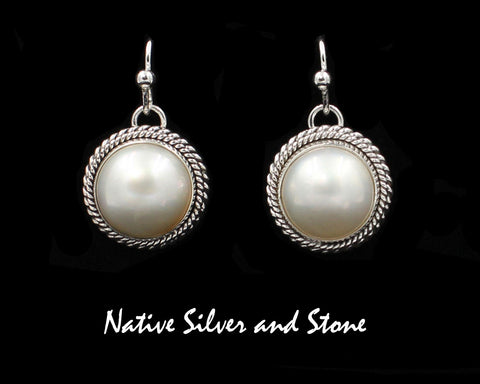 Artie Yellowhorse - Navajo<br>3/4" Earrings<br>13mm White<br>Freshwater Pearl<br>Double Twist - Large & Small<br>Hook<br>Sterling Silver