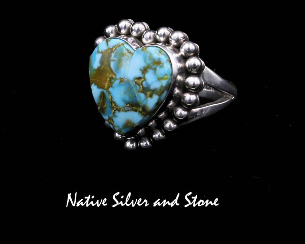 Z Artie Yellowhorse - Navajo<br>RGTSB<br>7/8" Ring<br>16mm Kingman Blue & Green Turquoise<br>Heart<br>Single Bead<br>Sterling Silver<br>Size 7-3/4
