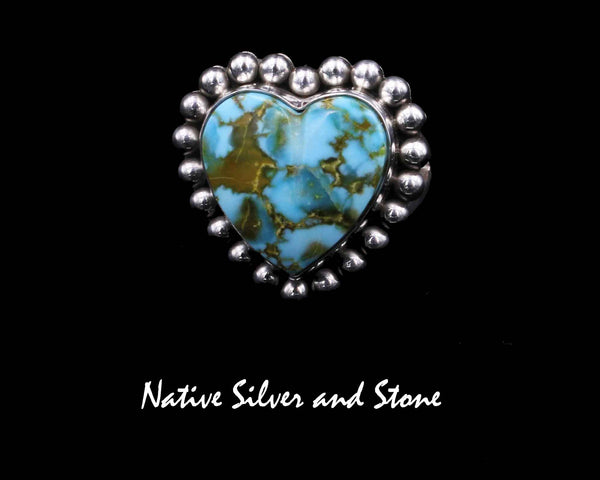 Z Artie Yellowhorse - Navajo<br>RGTSB<br>7/8" Ring<br>16mm Kingman Blue & Green Turquoise<br>Heart<br>Single Bead<br>Sterling Silver<br>Size 7-3/4