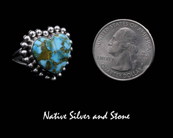 Z Artie Yellowhorse - Navajo<br>RGTSB<br>7/8" Ring<br>16mm Kingman Blue & Green Turquoise<br>Heart<br>Single Bead<br>Sterling Silver<br>Size 7-3/4