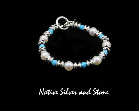 Desiree Yellowhorse for Artie Yellowhorse - Navajo<br>BLT-P-SS<br>Bracelet - Link<br>8mm Pearls, 5mm Sleeping Beauty Beads, 5/16" Silver Saucer Beads<br>Sterling Silver<br>Approx Size 6 to 6-5/8
