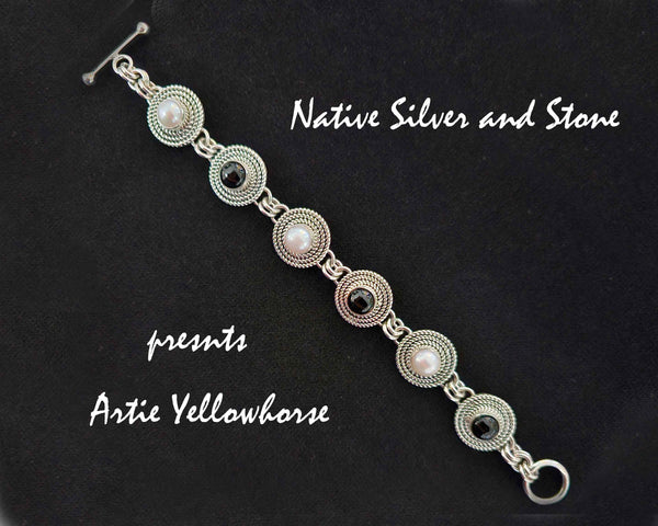 Artie Yellowhorse - Navajo<br>BRLKOX&P3T<br>1/2" Rounds Bracelet - Link<br>3 Twists - Alternating<br>8mm Onyx<br>8mm Pearl<br>Sterling Silver