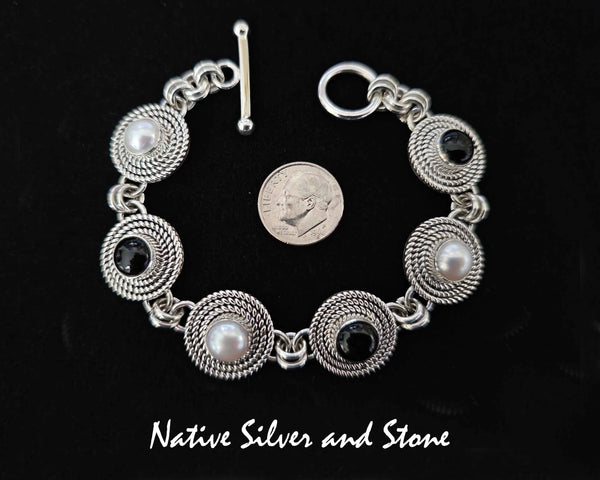 Artie Yellowhorse - Navajo<br>BRLKOX&P3T<br>1/2" Rounds Bracelet - Link<br>3 Twists - Alternating<br>8mm Onyx<br>8mm Pearl<br>Sterling Silver