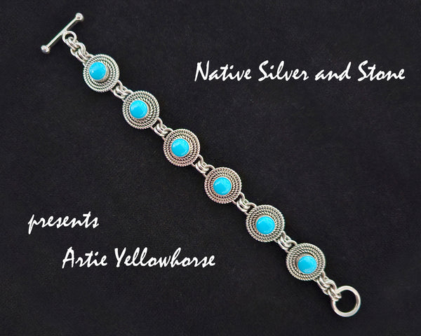 Artie Yellowhorse - Navajo<br>BRLKTSB3T<br>1/2" Rounds Bracelet - Link<br>3 Twists<br>8mm Sleeping Beauty Turquoise<br>Sterling Silver
