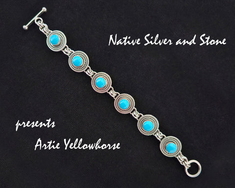 Artie Yellowhorse - Navajo<br>BRLKTSB3T<br>1/2" Rounds Bracelet - Link<br>3 Twists<br>8mm Sleeping Beauty Turquoise<br>Sterling Silver