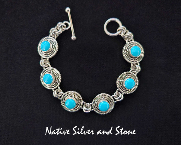 Artie Yellowhorse - Navajo<br>BRLKTSB3T<br>1/2" Rounds Bracelet - Link<br>3 Twists<br>8mm Sleeping Beauty Turquoise<br>Sterling Silver