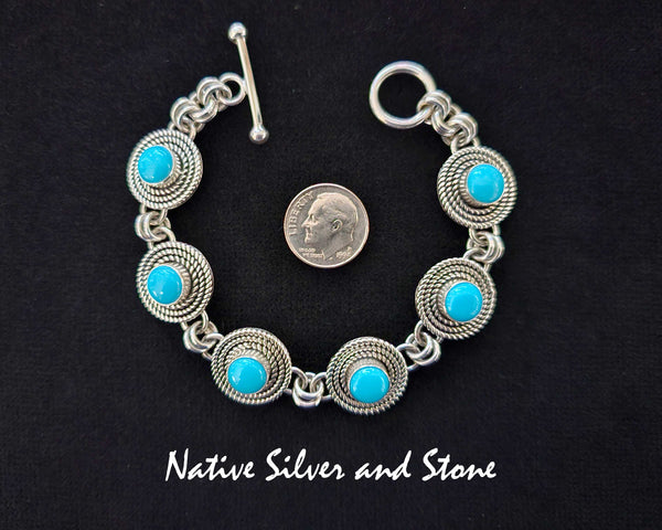 Artie Yellowhorse - Navajo<br>BRLKTSB3T<br>1/2" Rounds Bracelet - Link<br>3 Twists<br>8mm Sleeping Beauty Turquoise<br>Sterling Silver