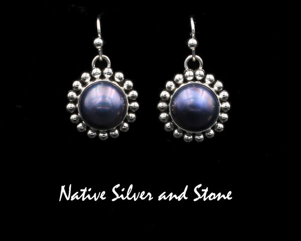 Z Artie Yellowhorse - Navajo<br>ERSPSB<br>3/4" Earrings<br>12mm Dk Grey Iridescent<br>Mabe Pearl<br>Single Bead<br>Hook<br>Sterling Silver