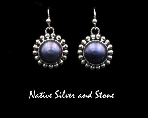 Z Artie Yellowhorse - Navajo<br>ERSPSB<br>3/4" Earrings<br>12mm Dk Grey Iridescent<br>Mabe Pearl<br>Single Bead<br>Hook<br>Sterling Silver