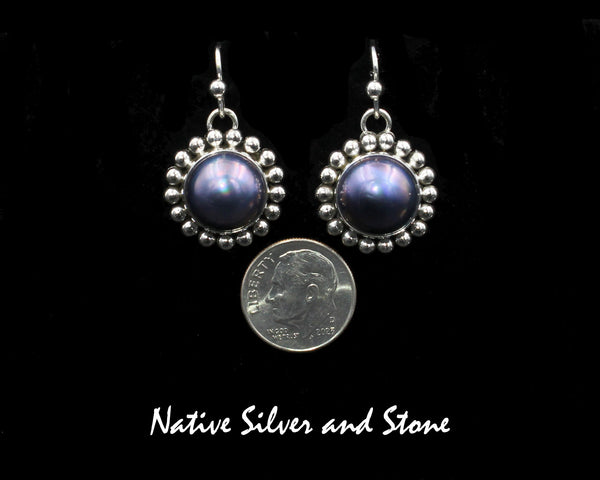 Z Artie Yellowhorse - Navajo<br>ERSPSB<br>3/4" Earrings<br>12mm Dk Grey Iridescent<br>Mabe Pearl<br>Single Bead<br>Hook<br>Sterling Silver