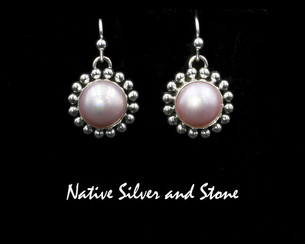 Artie Yellowhorse - Navajo<br>ERSPSB<br>3/4" Earrings<br>12mm Pink Champagne<br>Mabe Pearl<br>Single Bead<br>Hook<br>Sterling Silver