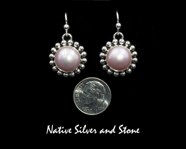 Artie Yellowhorse - Navajo<br>ERSPSB<br>3/4" Earrings<br>12mm Pink Champagne<br>Mabe Pearl<br>Single Bead<br>Hook<br>Sterling Silver