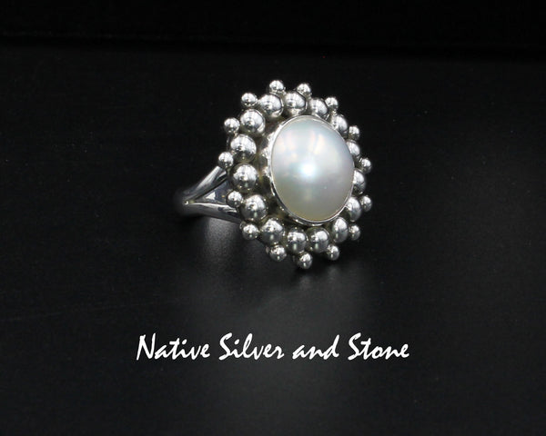Artie Yellowhorse - Navajo<br>1" Ring<br>15mm White<br>Mabe Pearl<br>Burst Bead<br>Sterling Silver<br>Size(s) 7