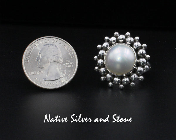 Artie Yellowhorse - Navajo<br>1" Ring<br>15mm White<br>Mabe Pearl<br>Burst Bead<br>Sterling Silver<br>Size(s) 7