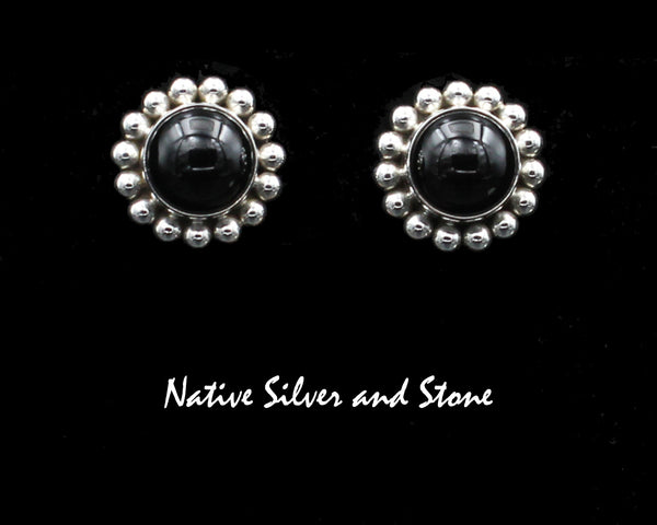Z Artie Yellowhorse - Navajo<br>5/8" Earrings<br>Onyx Rounds<br>Black<br>Single Bead<br>Post<br>Sterling Silver