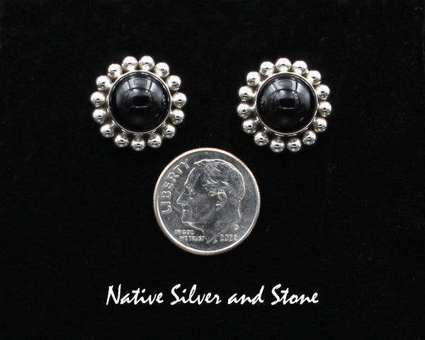 Z Artie Yellowhorse - Navajo<br>5/8" Earrings<br>Onyx Rounds<br>Black<br>Single Bead<br>Post<br>Sterling Silver