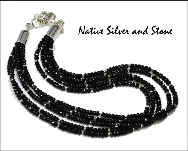 Desiree Yellowhorse for Artie Yellowhorse-Navajo<br>NKOXBD<br>19" Necklace <br>5 Strand Black Onyx Cut Beads<br>w Sterling Silver Bead Accents