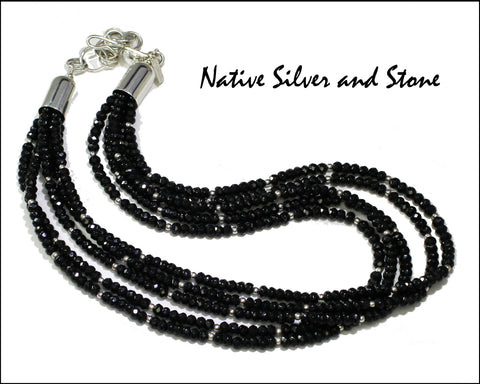 Desiree Yellowhorse for Artie Yellowhorse-Navajo<br>NKOXBD<br>19" Necklace <br>5 Strand Black Onyx Cut Beads<br>w Sterling Silver Bead Accents