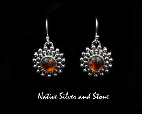 Artie Yellowhorse - Navajo<br>ERSA2BB<br>11/16" Earrings<br>Amber - 8mm<br>Burst Beads<br>Hook<br>Sterling Silver