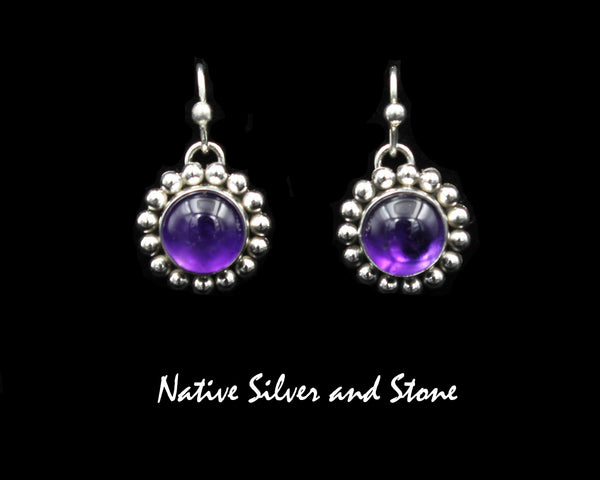 Artie Yellowhorse - Navajo<br>ERSA2SB<br>5/8" Earrings - Round<br>10mm Amethyst<br>Single Bead/Dot<br>Hook<br>Sterling Silver