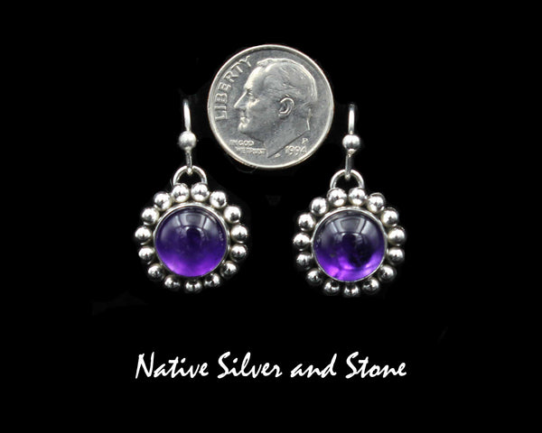 Artie Yellowhorse - Navajo<br>ERSA2SB<br>5/8" Earrings - Round<br>10mm Amethyst<br>Single Bead/Dot<br>Hook<br>Sterling Silver