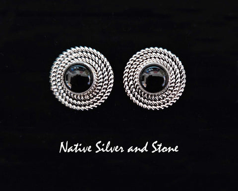 Artie Yellowhorse - Navajo<br>ERPOX3T<br>3/4" Earrings - Round<br>9mm Onyx<br>3 Twist - Medium<br>Post<br>Sterling Silver
