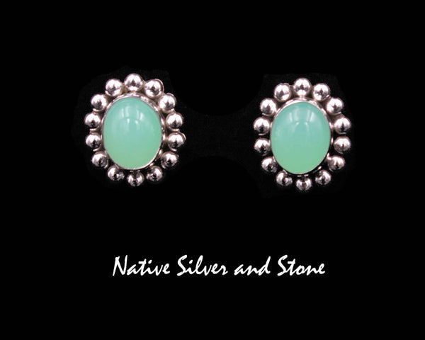 Artie Yellowhorse - Navajo<br>ERPCPSB<br>5/8" Earrings<br>9.5mm Chrysoprase Ovals<br>Single Bead<br>Post<br>Sterling Silver