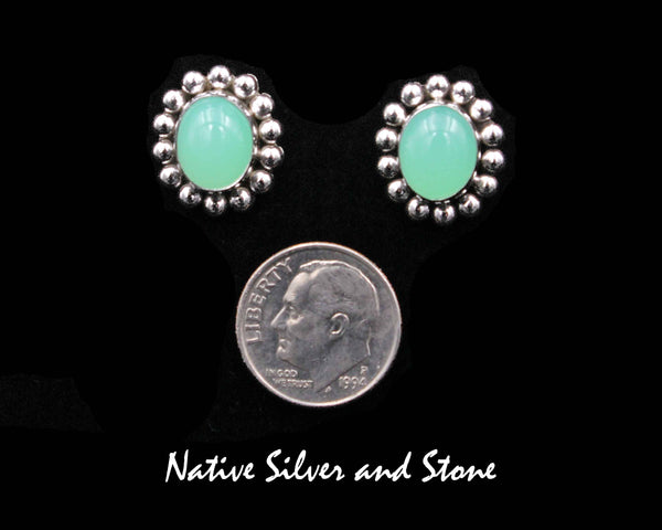 Artie Yellowhorse - Navajo<br>ERPCPSB<br>5/8" Earrings<br>9.5mm Chrysoprase Ovals<br>Single Bead<br>Post<br>Sterling Silver