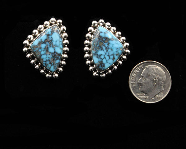 Z Artie Yellowhorse - Navajo<br>ERPKTSB<br>1" Earrings - Freeform Triangle<br>19mm Kingman Turquoise<br>Single Bead<br>Post<br>Sterling Silver