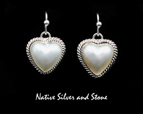 Z Artie Yellowhorse - Navajo<br>ERSPDT<br>3/4" Earrings<br>Heart Shaped<br>Mother of Pearl<br>Double Twist<br>Hook<br>Sterling Silver