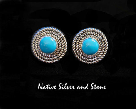 Artie Yellowhorse - Navajo<br>ERPTSB3T<br>3/4" Earrings - Round<br>9mm Sleeping Beauty Turquoise<br>3 Twist - Medium<br>Post<br>Sterling Silver