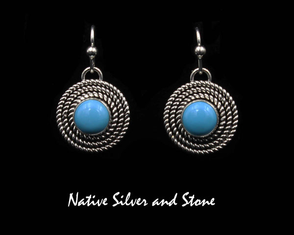 Artie Yellowhorse - Navajo<br>ERSBT3TH<br>3/4" Earrings - Round<br>9mm Sleeping Beauty Turquoise<br>3 Twist - Medium<br>Hook<br>Sterling Silver