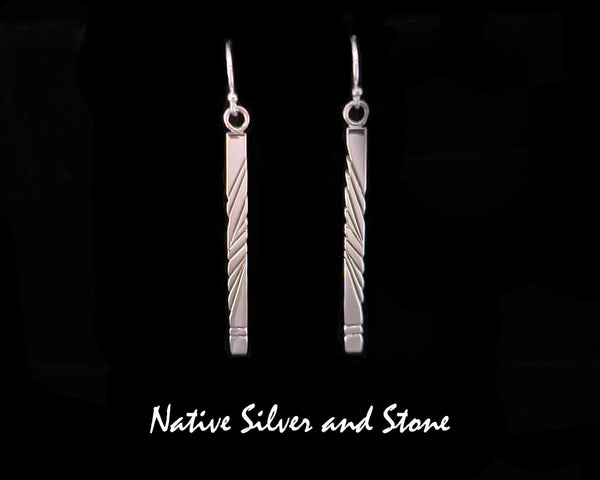 Artie Yellowhorse - Navajo<br>ERSAS<br>2-1/4" Earrings<br>Elongated Narrow Rectangles<br>Stamping<br>Hook<br>Sterling Silver